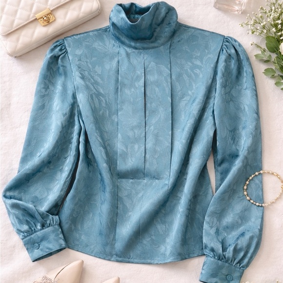 Tops - Vintage Teal Jacquard High Neck Satin Blouse Small